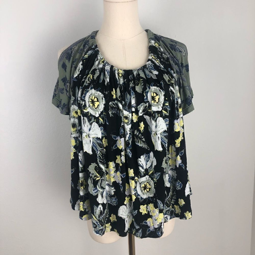Free People Cold Shoulder Black Floral Top Boho Loose Fit CottageCore Medium - Picture 2 of 12